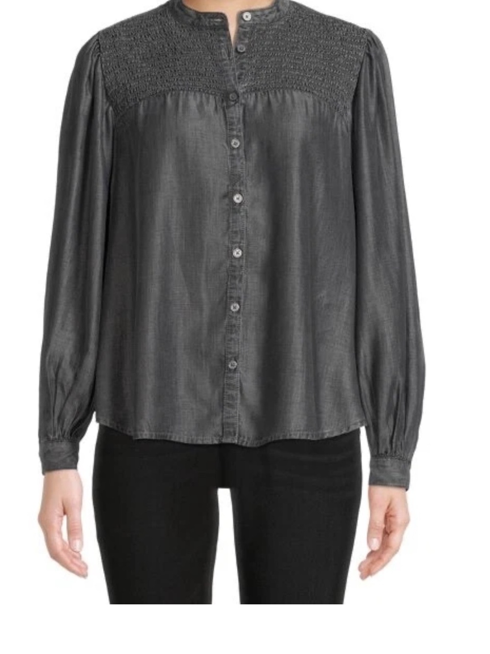Time and Tru Gray Smocked Yoke Button-Front Blouse